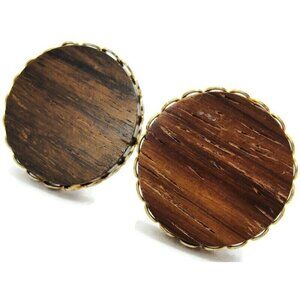 Cufflinks Round Wood Set in Gold Tone Shirt Vintage Accessories Wedding